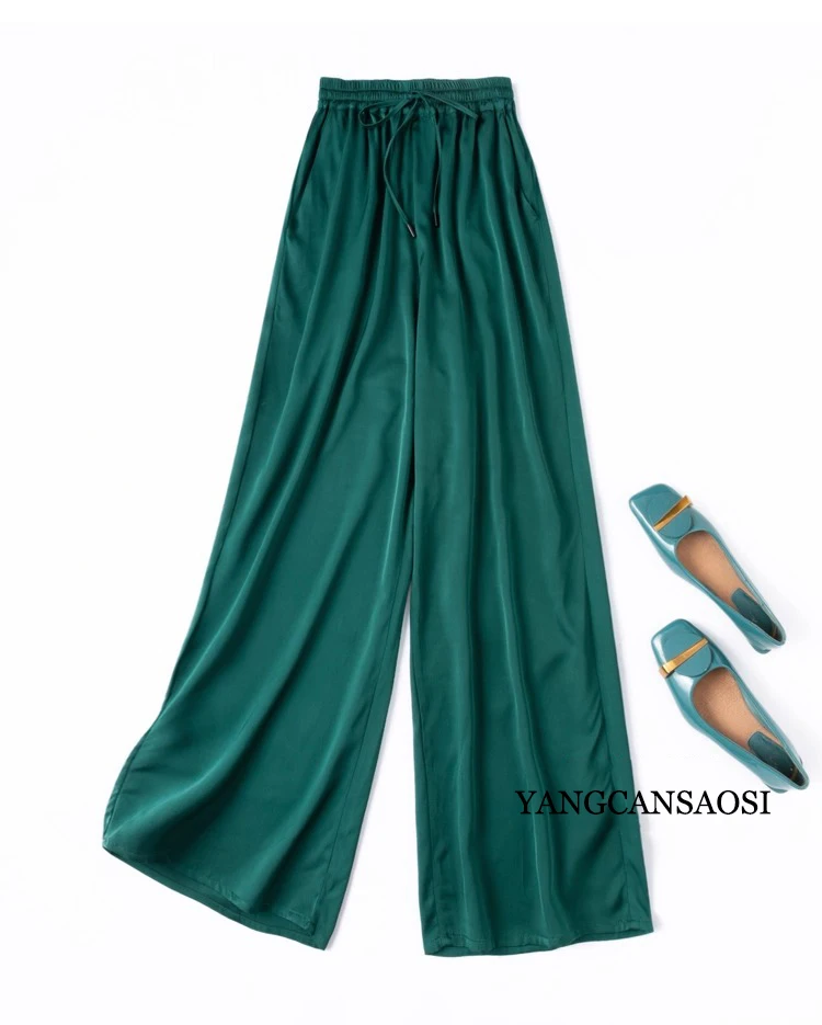 Vertical Naked Feeling 93% Natural Mulberry Silk Elastic Double Qiao Satin Elastic Waist Women's Fashionable Wide Leg Pants
