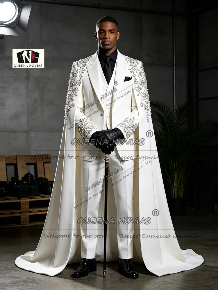 Handmade Men Suit For Wedding Luxury Groom 3 Piece Sets Single Breasted Prom Blazer With Cape Long Customized Man Dinner Clothin