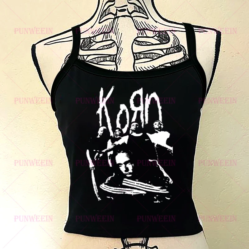 Vintage KORN Gothic Harajuku Punk Graphic Y2k Aesthetics Sleeveless Tank Top Grunge Sweet girl Rock Print Baby Emo girl Crop Top