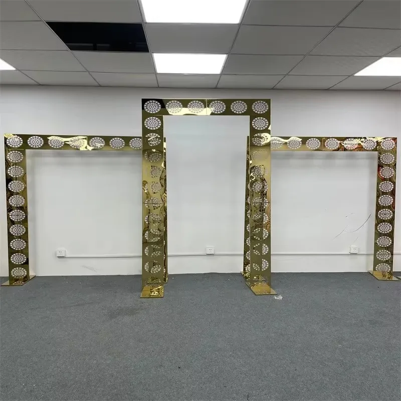 2024 New shiny wedding arch gold square sunflower rack party stage decoration stainless steel arch screen welcome decoration