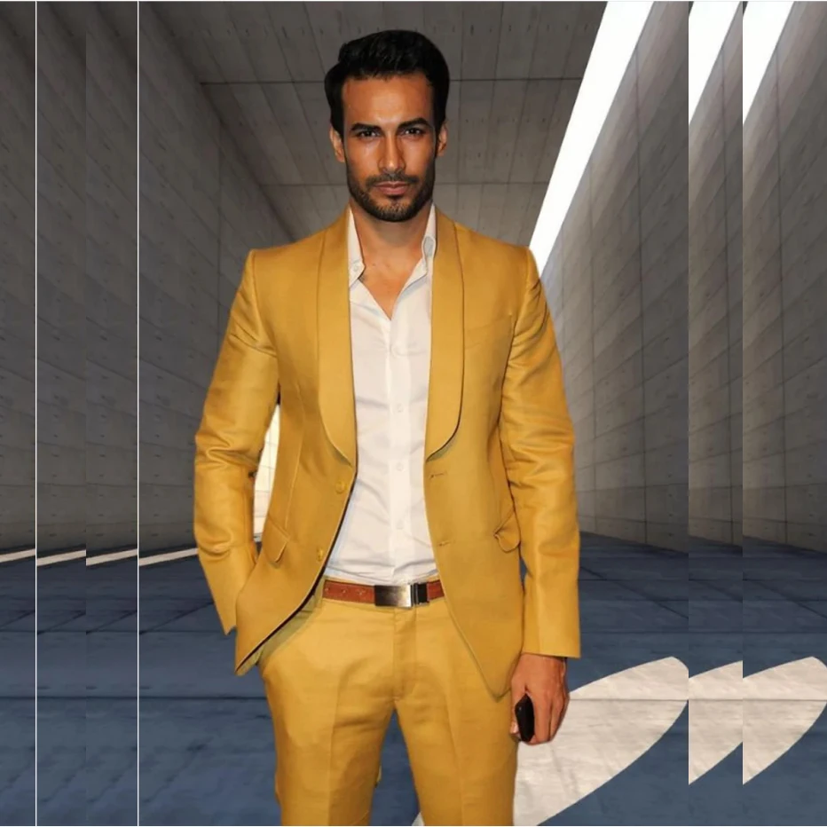 

STEVDITG Golden Men Suits Blazer Shawl Lapel Single Breasted Flat Casual Business Handsome 2 Piece Jacket Pants Skinny Clothing