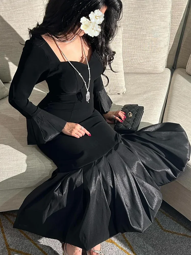 Indie Sexy Mermaid Prom Dress Women Square Neck Black Party Evening Dresses Tea Length customized Special Occasion Gowns 2025