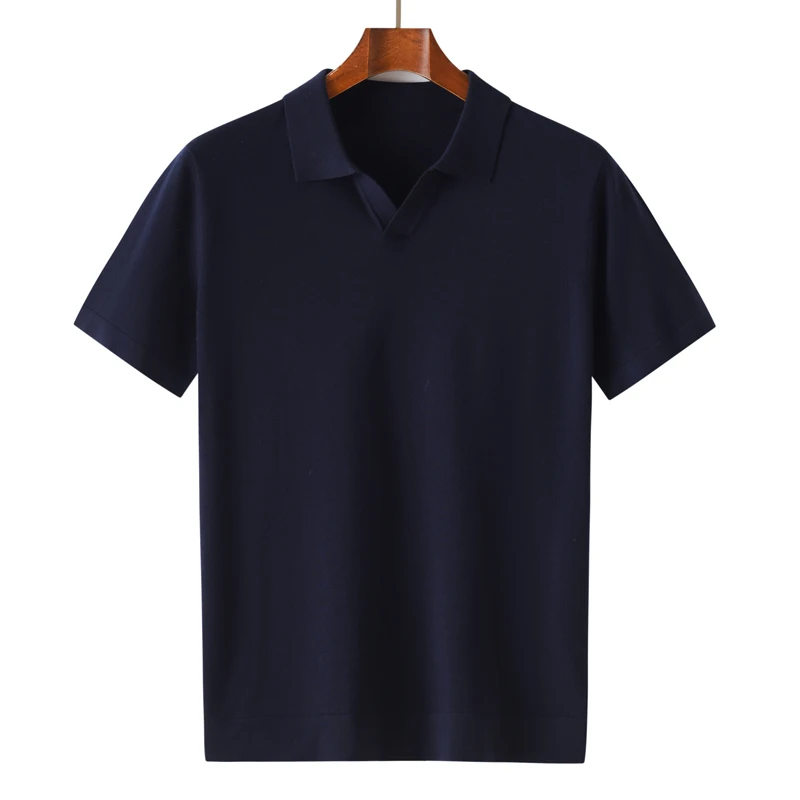 Simple Men Merino Wool Polo Sweater Notched Collar Short Sleeve Tops 100% Merino Wool Knitwear Solid Business Casual Clothes