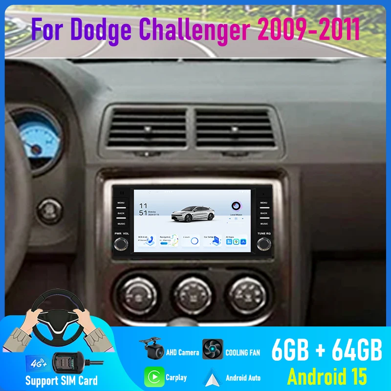 

7'' For Dodge Challenger 2009-2011 Car Radio 4G SIM Camera Navi BT Image Wifi GPS Head Unit Carplay Google Map Android 15 Auto