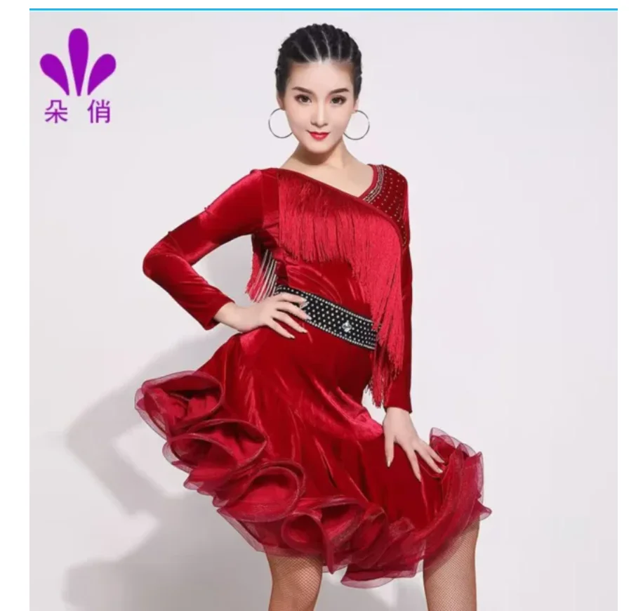 1pcs/lot woman fashion velvet latin dancing dress lady winter long sleeve cha cha dancing ruffles dress