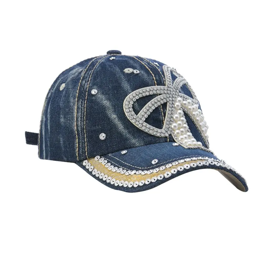 

Fashion Adjustable Denim Baseball Cap with Pearl Embellished Sun Protection Hip Hop Hat Versatile Bow Sun Hat Outdoor