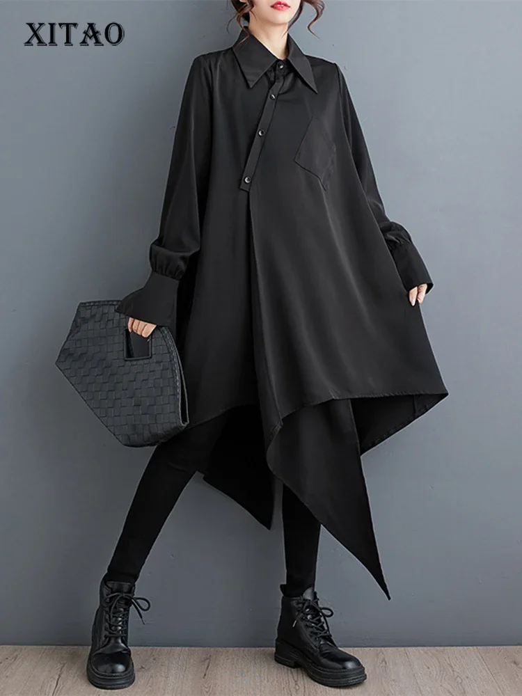 XITAO Asymmetrical Black Shirt Dress Personality Fashion Loose Long Sleeve Women Street Trendy Dress 2024 Spring New ZY8651