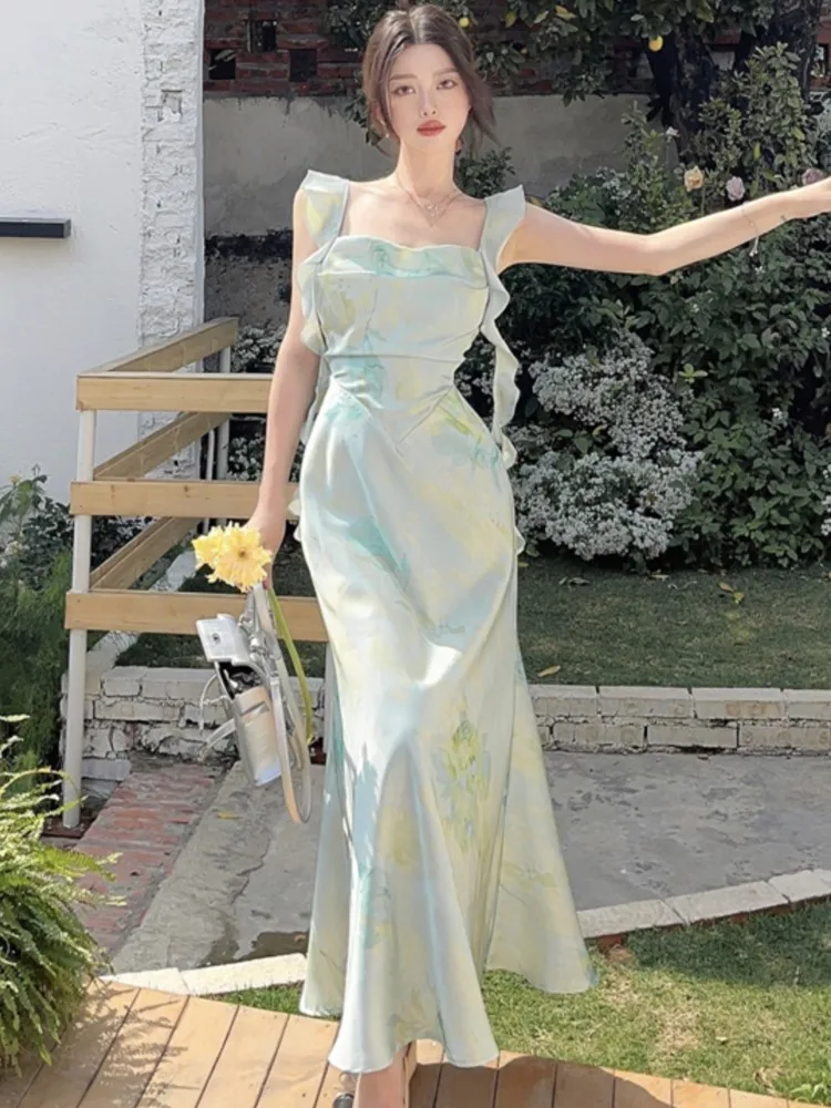 Elegante doce cetim impressão vestidos da mulher verão coreano nova moda cinta babados chique a linha festa férias praia feminino