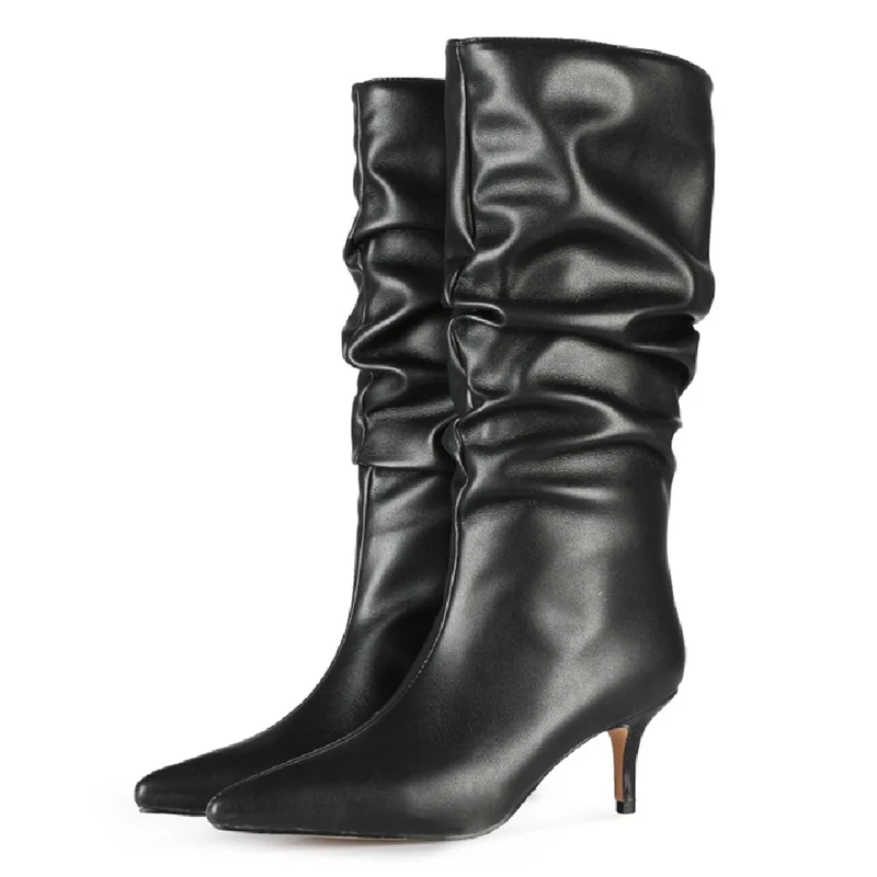 Sexy Heels Western Boots Fashion Pleated Knee High Boots Women Pointed Toe Red Beige Autumn Winter Party Shoes Female 2025