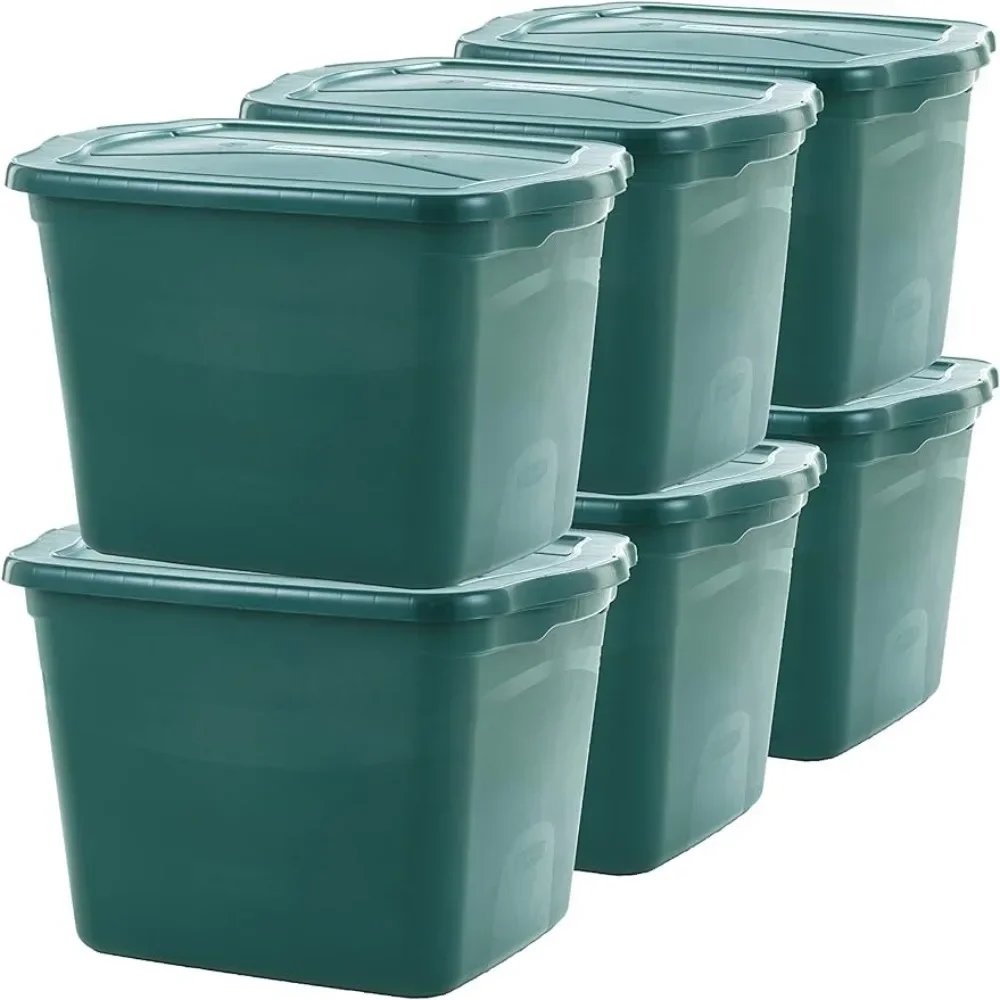 Storage Container with Lid, 18 Gallon - 6 Pack, Durable & Reusable Stackable Storage Bin，Hunter Green