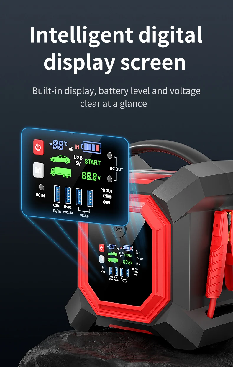 Heavy-Duty 12V/24V Jump Starter, Instant Start for Dead Batteries, Multi-Port Charging & Emergency Lighting