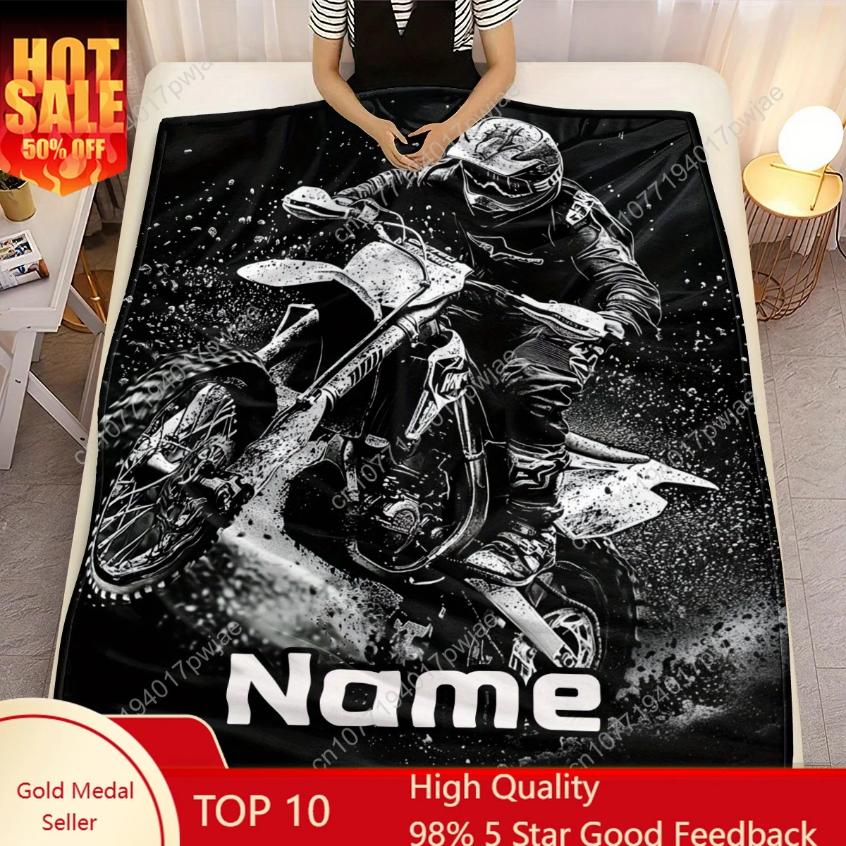 

[Allseason Warmth] Custom Name Motorcycle Rider Flannel Blanket – Soft, Lightweight Throw for All Seasons – Black & White Digita