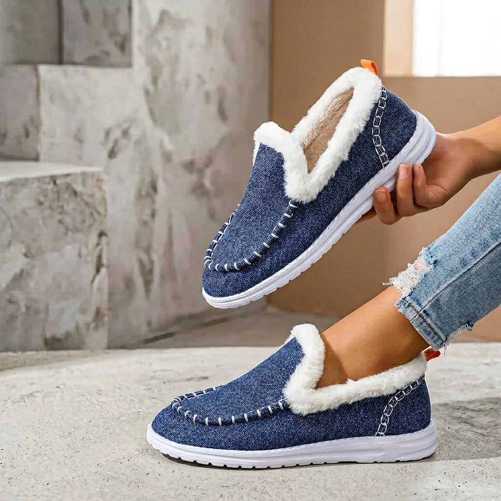 Women Winter Denim Fabric Fuzzy Fleece Lined Loafers Slip On Warm Moccasin Shoes Non Slip Wear-resistant Soft Sole Platform Casual Walking Ankle Snow Boots Comfort Thermal Flats for Daily Driving Outdoor Indoor Home Wear Multi Fashion Colors Available view 7