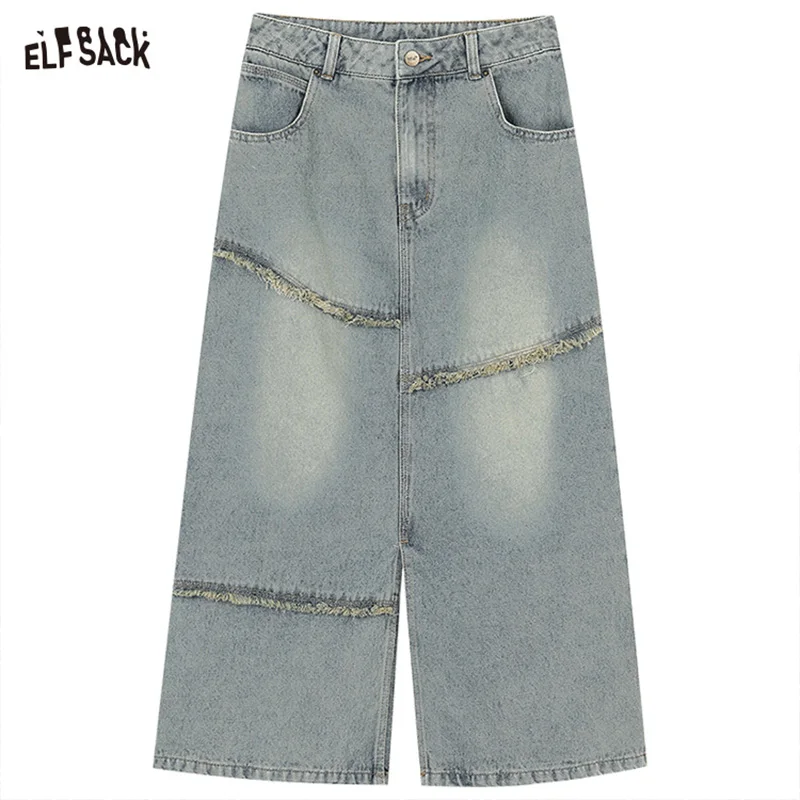 Imagem -06 - Elfsack-saia de Trapézio Jeans Reta Bainha Crua Dividida Estilo de Rua de Cintura Alta Vintage Comprimento Médio Novo Primavera 2023