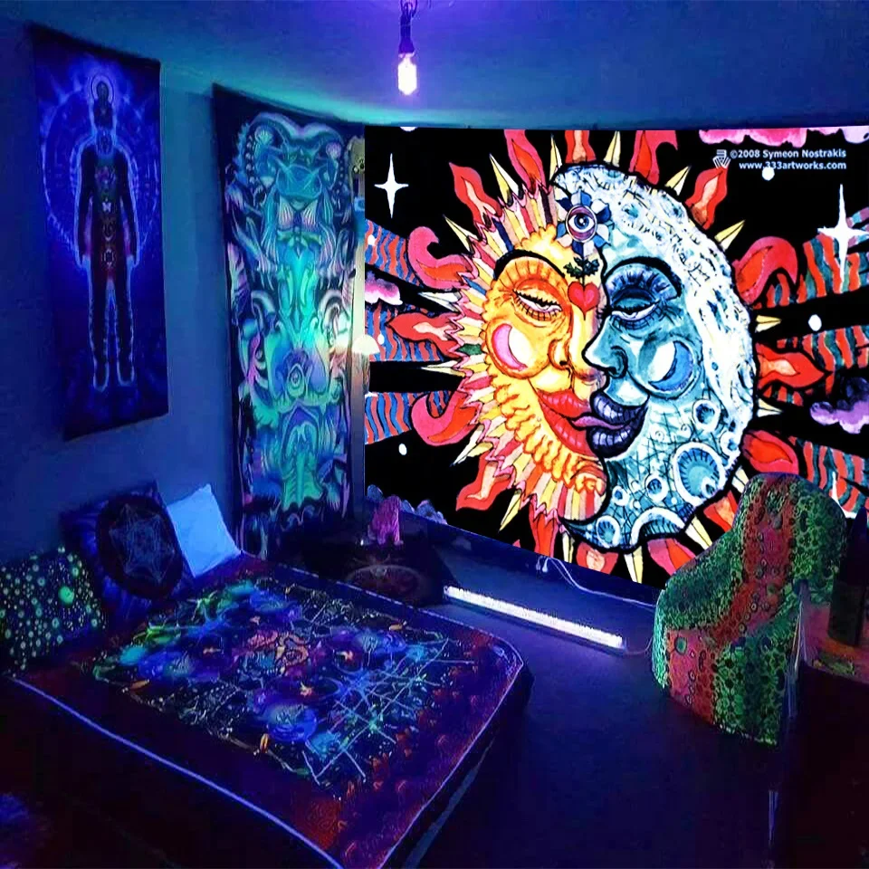 Black Light Tapestry Wall Hanging UV Reactive Psychedelic Star Hippie  for Bedroom Dorm Independent Room Decoration