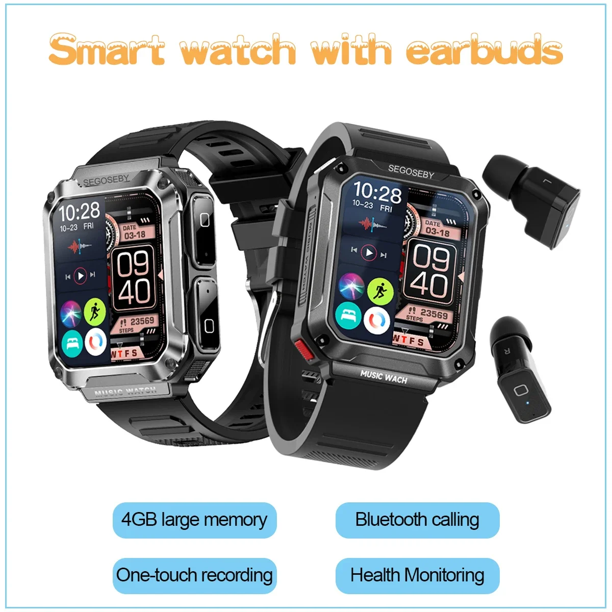 

T93 Smart Watch With Earbuds 3 in 1 Fitness Tracker 1.96" HD Screen 4GB Large Memory Bluetooth Call Sports Men Smartwatch