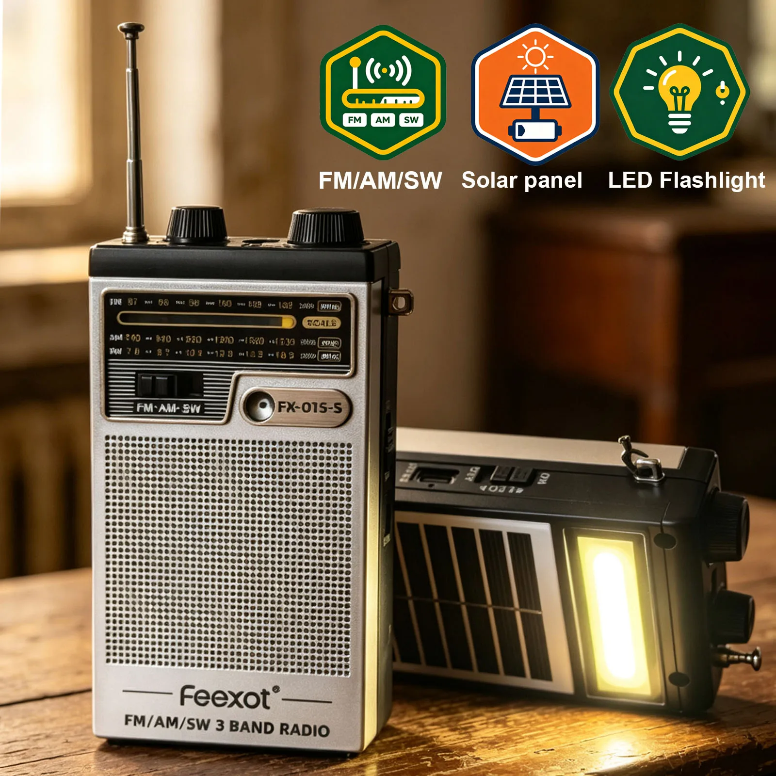 Mini Pocket FM AM SW Radio Portable Emergency Radios Solar Panel Charging Radio with Highlight Flashlight 3.5mm Headset Jack