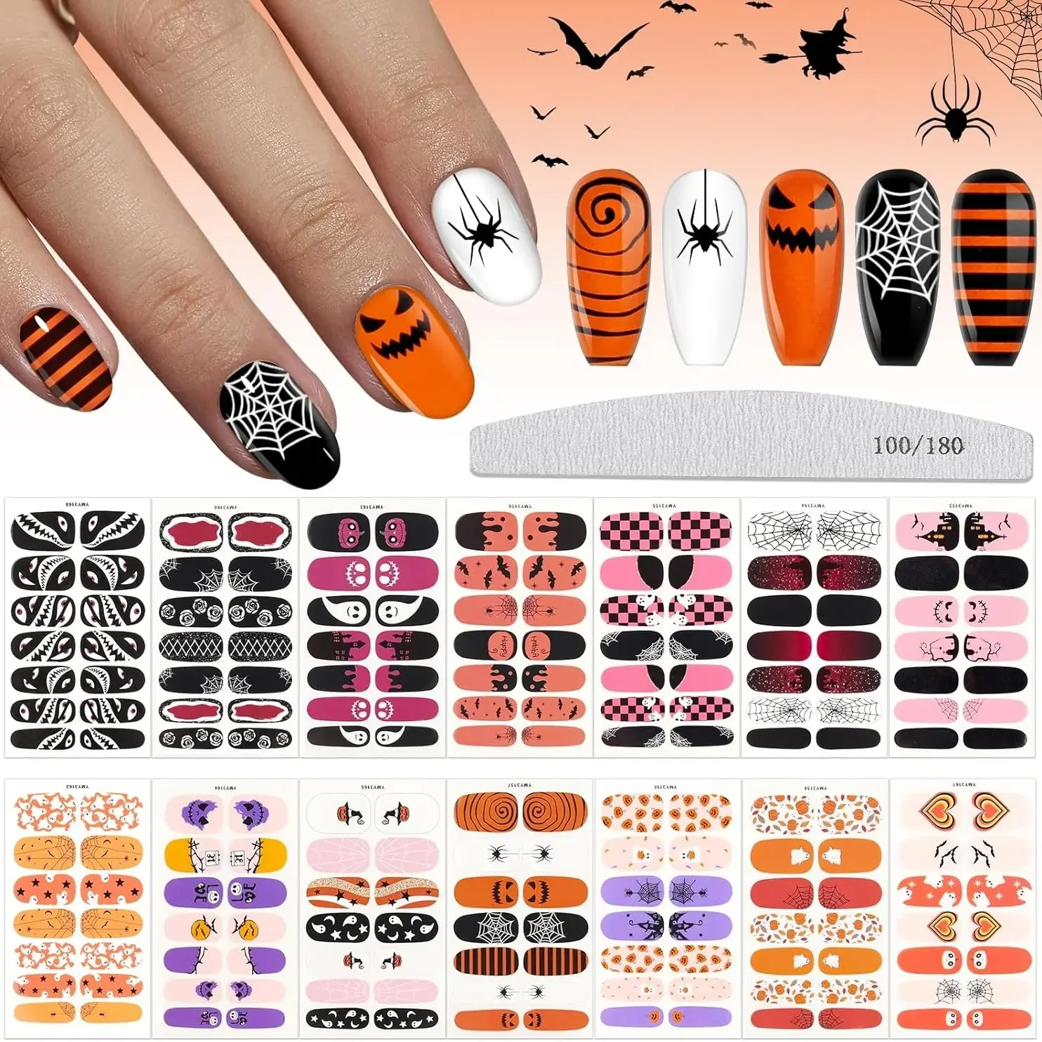 

14 Full Halloween Stickers + Moon Rub Strip Full Wrapped Nail Stickers Dark Style Plus Cute Style Waterproof Lasting for Hallowe