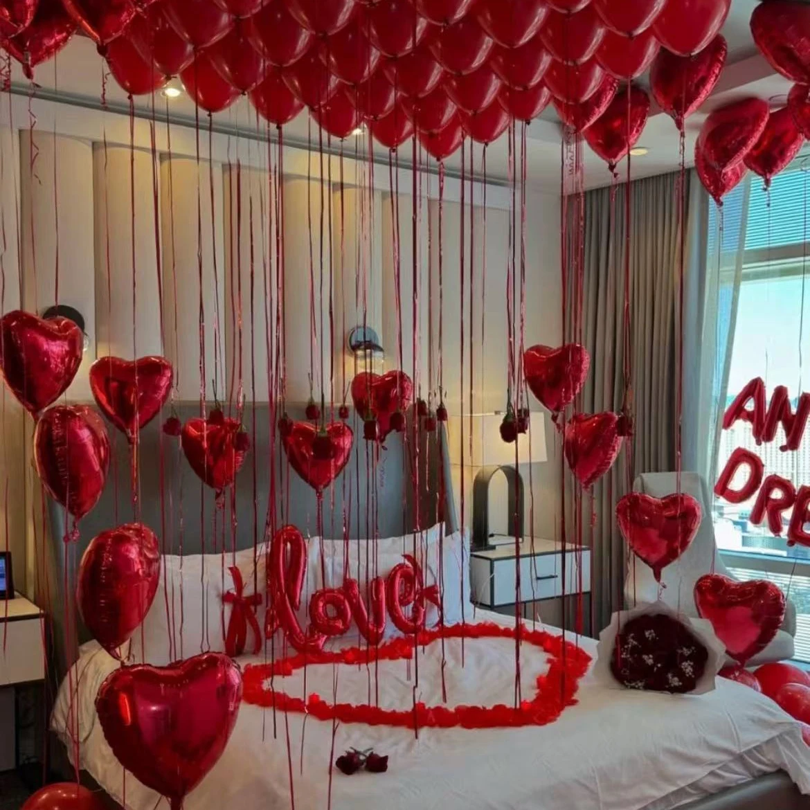 مجموعة بالونات Red LOVE مع بالون فيلم ألومنيوم أحمر الحب وبالون مقاس 10 بوصة لذكرى الزفاف وديكور حفلات أعياد الميلاد #5