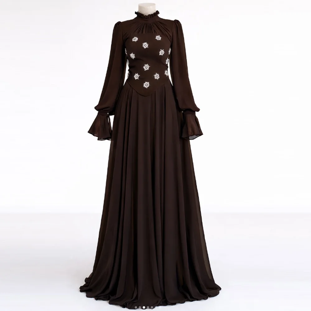 

Customized Women Chiffon Prom Dress Rhinestone Ruched A-Line Evening Dresses High Collar Long Sleeves Floor Lenght Party Gowns
