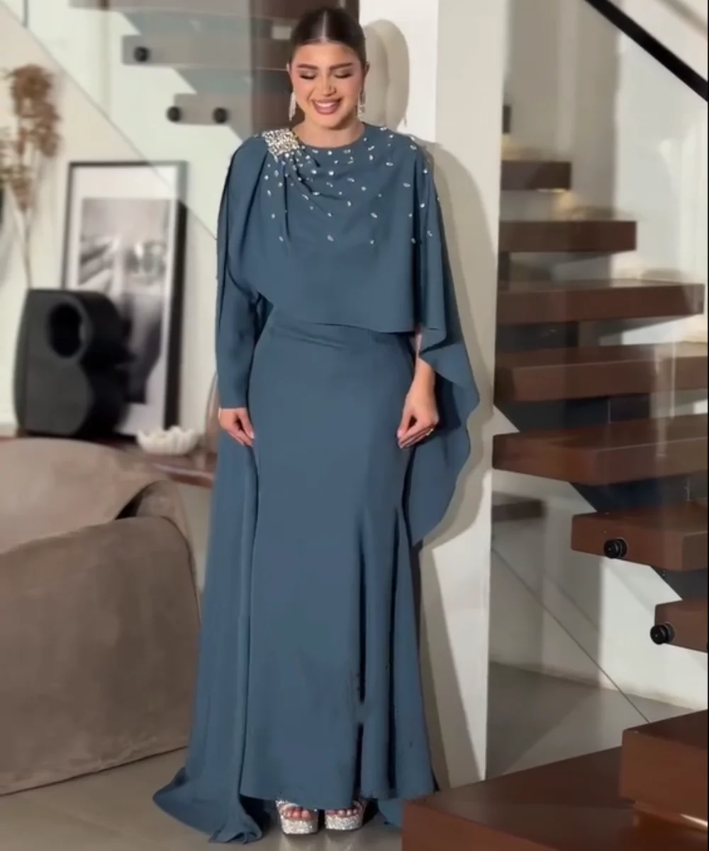 

Customized Sparkle Jersey Pleat Trumpet O-Neck Long Bespoke Occasion Prom Dresses High Quality Formal