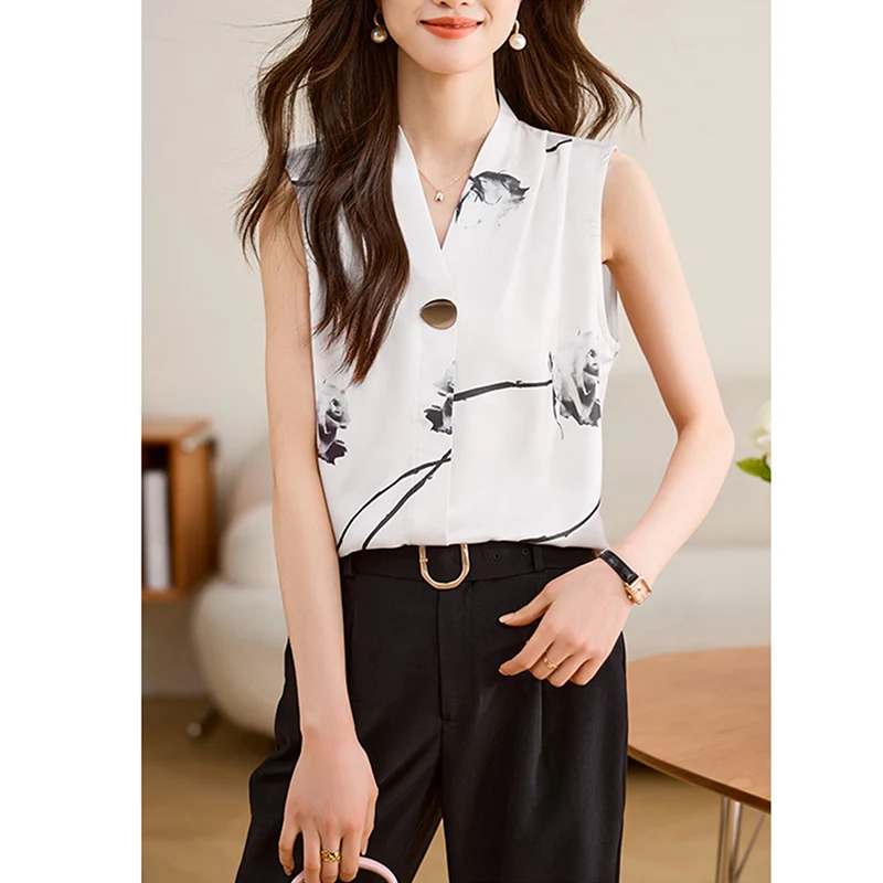 Women Clothing Sleeveless Chiffon Thin Shirts Summer Loose Floral Print Y2K Blouse Casual Turn-down Collar Button Cardigan Tops