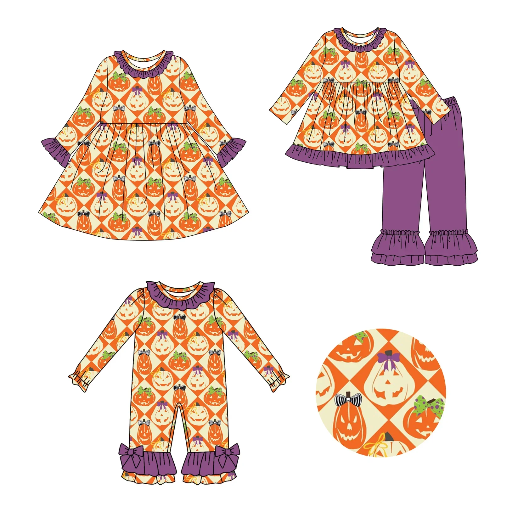 

Бутиковые осенние комплекты одежды на Хэллоуин для девочек, детский наряд с тыквой, комбинезон, платье с принтом на Хэллоуин, одинаковая одежда для сестры и сестер