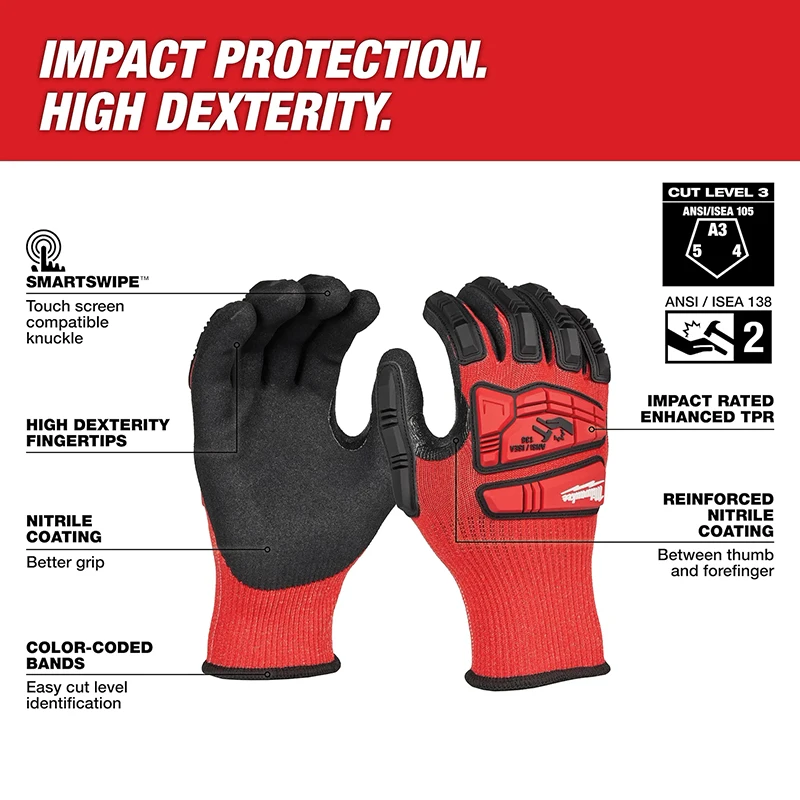Milwaukee Impact Cut Level 3 Nitrile Dipped Cut & Impact Resistant Safety Work Gloves for Construction 48-73-8130/31/32/33