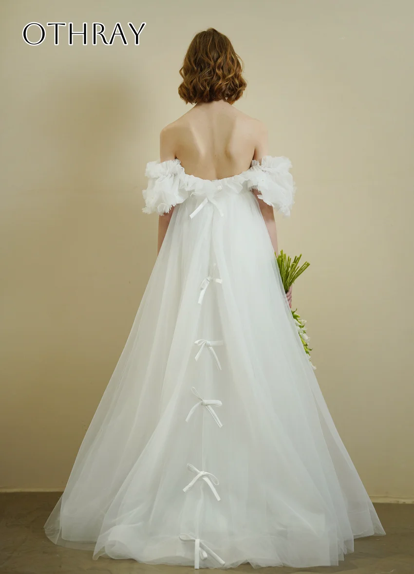 Off Shoulder A-line Bridal Wedding Gown Sweep Train Tulle with Bow Pleated Customized свадебное платье