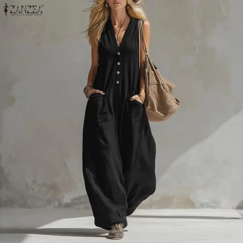 ZANZEA Damen Sommer-Jumpsuits, einfarbig, Vintage, lässige Overalls, 2026, modisch, V-Ausschnitt, Taschen, Rompers, Laternen-Long Bottoms, Playsuits