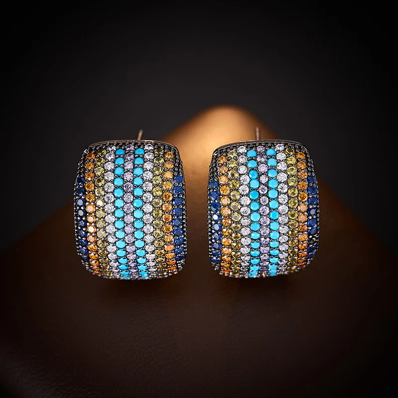 

European and American Micro Inlaid Colorful Zirconia Personality Square Rainbow Curved Earrings for Women French Style