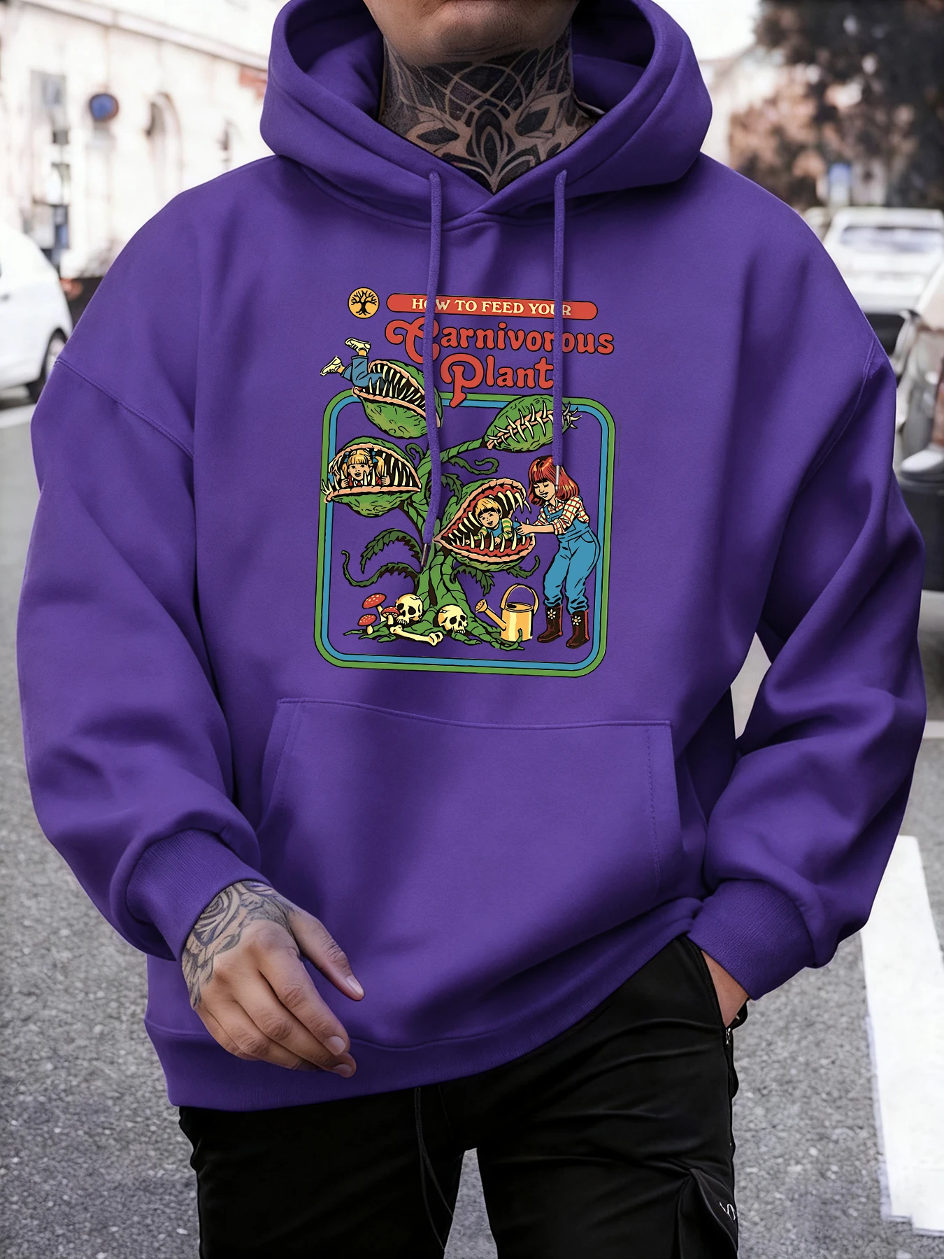 Earnivorous Plantprint Sweatshirt für Männer Street Vintage Pullover Fleece Farbe lose Langarm Unisex Herbst warme Kleidung