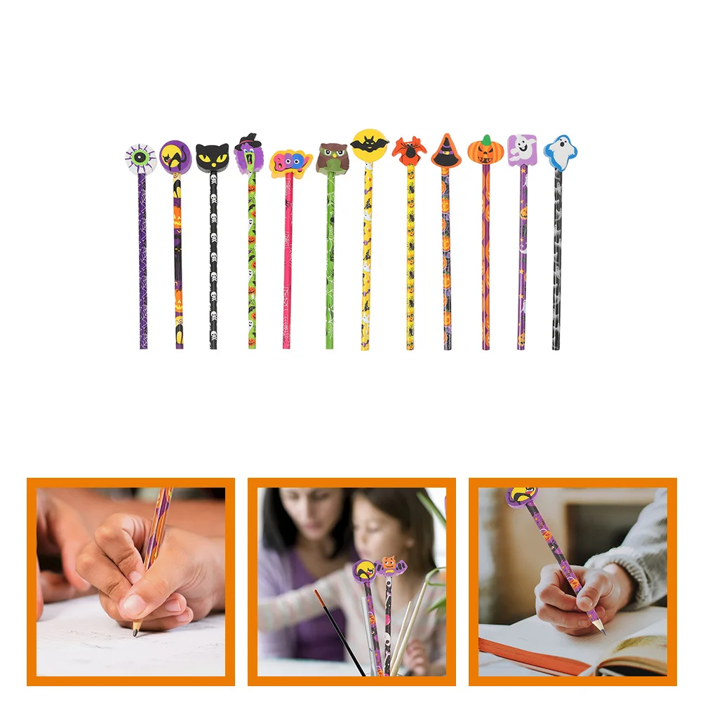 12 Pcs Halloween Pencil Prizes Pencils Novelty Colored for Writing Multifunction Exquisite Appearance Wooden Eraser