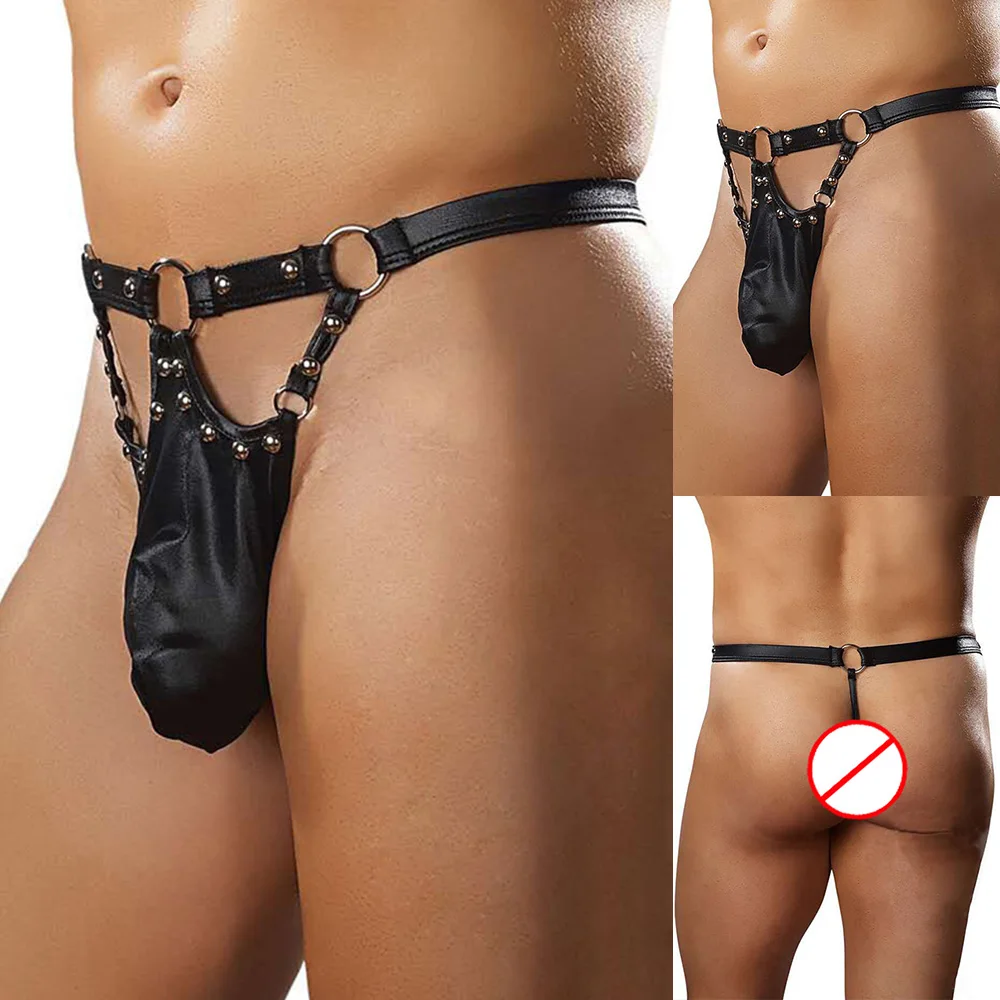 สั้นกางเกงผู้ชายแฟชั่นหนัง Faux สายคล้องคอเร้าอารมณ์ชุดชั้นในต่ําเอวกางเกงผู้ชายสิทธิบัตรหนัง PLUS ขนาด