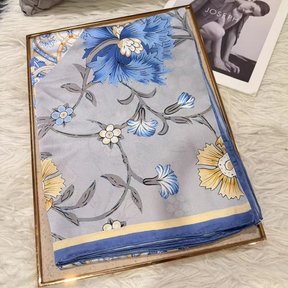 Grey Blue Silk Square Scarf Shawl for Women New Elegant Floral 100% Mulberry Silk Scarves Ladies Summer Beach Wrap 108*108cm