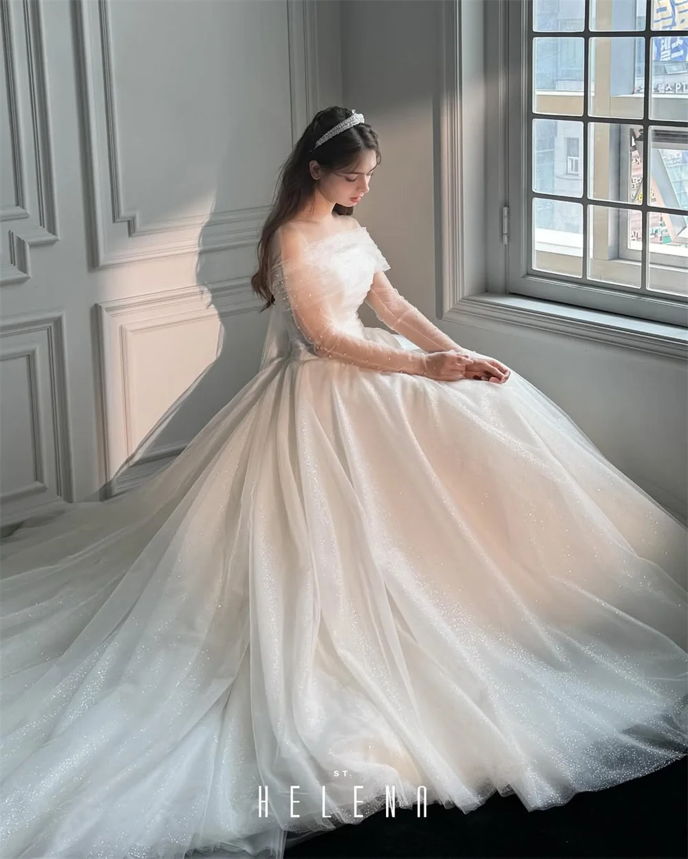 SPRAYING Luxury Sparkly Tulle Wedding Dress Strapless Shawl Long Sleeve Bridal Gowns A line Long Robe De Mariée Customized 2025