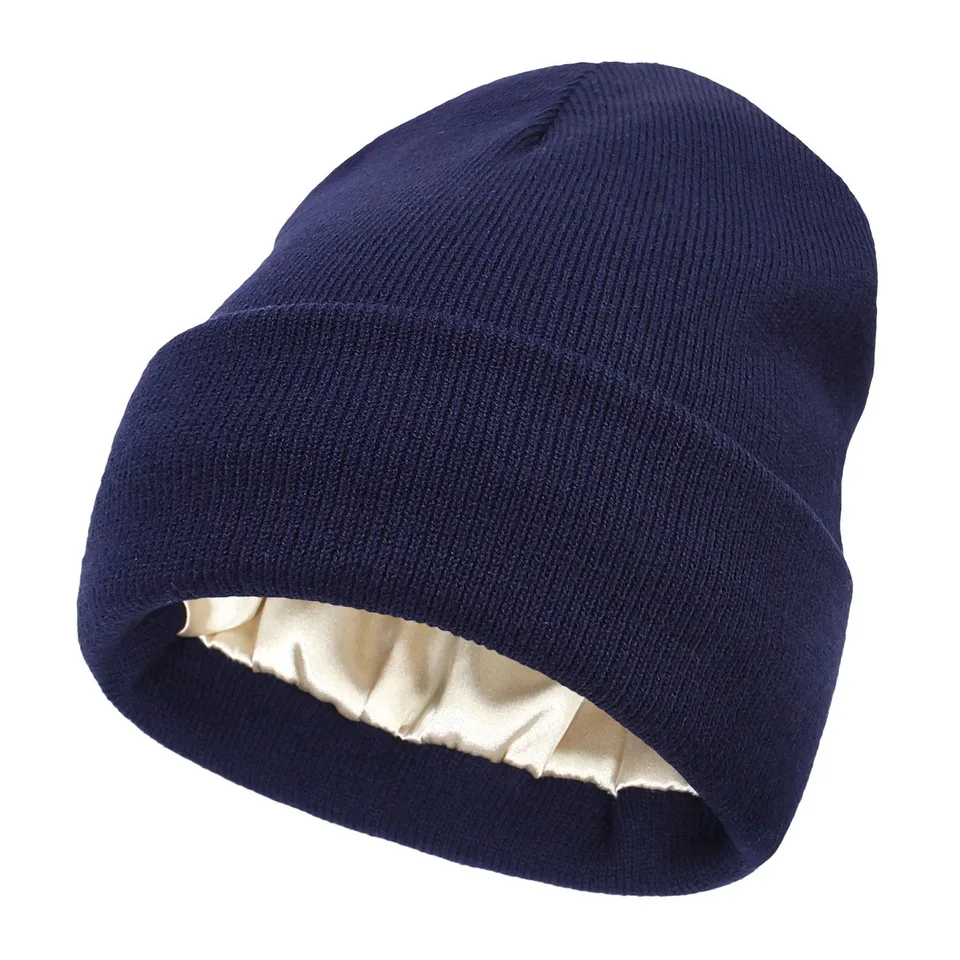 Unisex Satin Lined Beanie Hat For Women Winter Silk Lining Slouchy Warm Cuffed Skullies 2Layer Hair Cover Sleep Cap, image 16