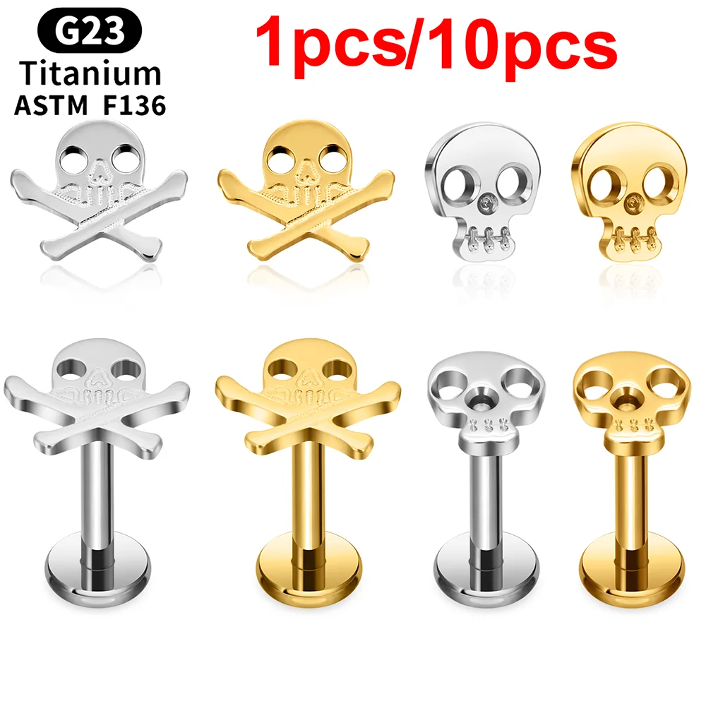 1/10pcs G23 Titanium Skull Design Style Piercing Ear Stud 16G For Tragus Cartilage Helix Daith Earring Internal Thread Labret