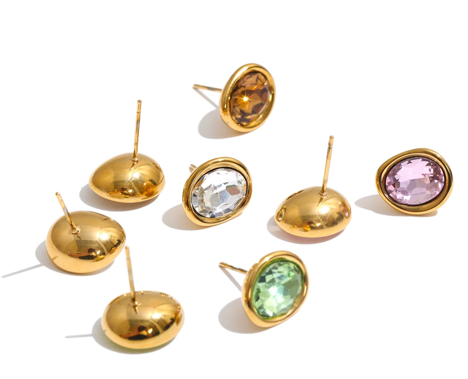 Yhpup Edelstahl Kristall Runde Ohrstecker 18K Goldfarbe PVD-beschichtet Mehrfarbig Gegossener Glänzender Schmuck – Detail 2
