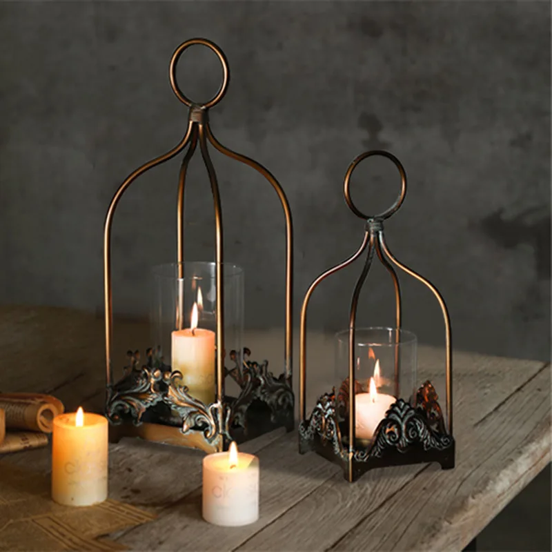 

Retro Wrought Iron Candle Hollow Candlestick Exquisite Tealight Candle Holder Carved Flower Hanging Lantern Wedding Party Decor