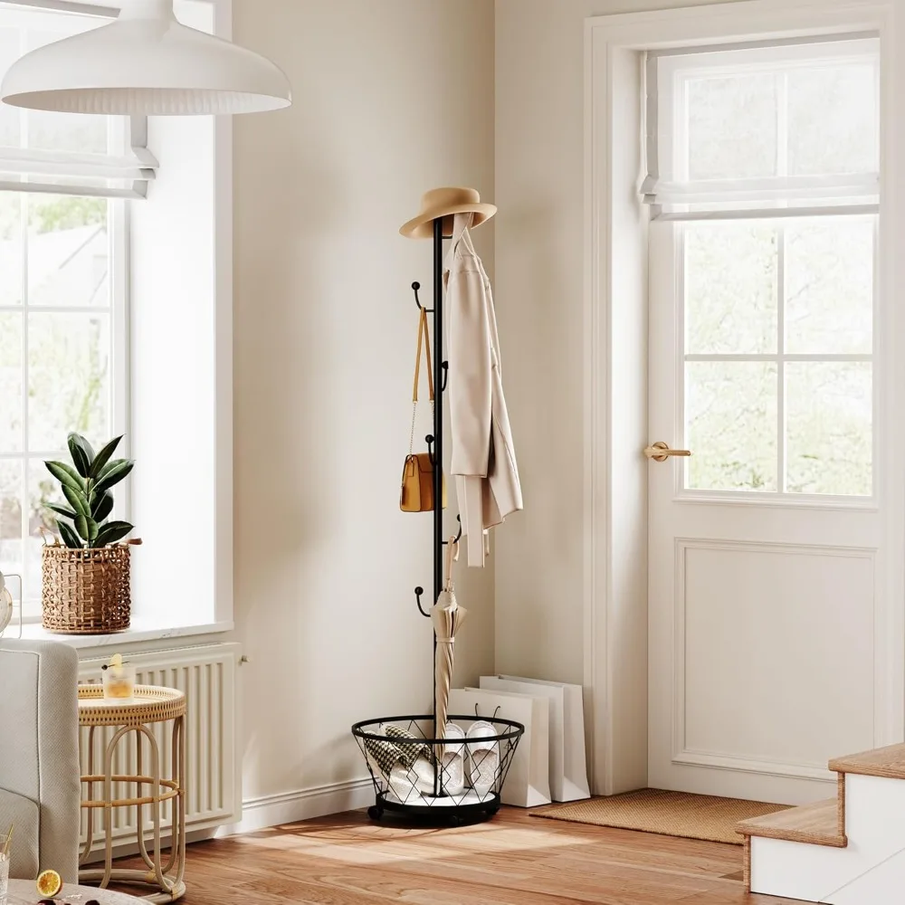 Coat Rack Freestanding, Entryway Coat Hanger Stand with Storage Basket, Hall Tree With 6 Hooks and Mobile Wheel