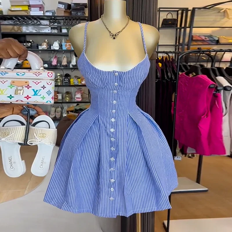

Party Mini Dress Women 2025 Summer Striped Print Strap Single-breasted Backless Skirt Beach Birthday Sexy Club A-Line Dresses