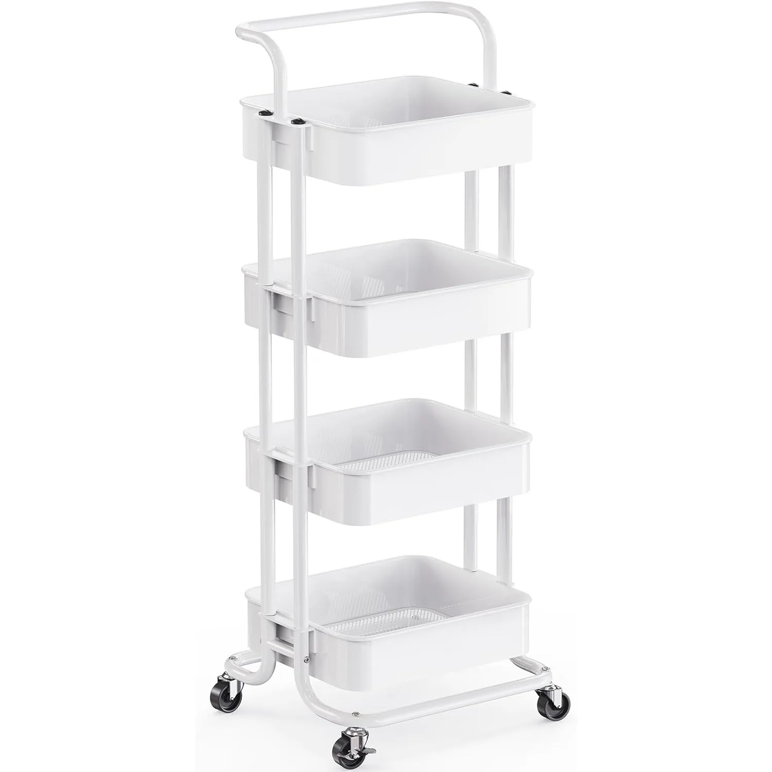 

4 Tier Mesh Utility Cart, Rolling Metal Organization Cart with Handle and Lockable Wheels, Multifunctional Storage Shelves