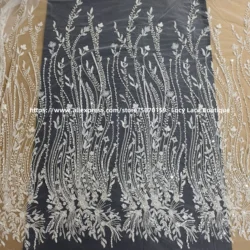 Off White with Silvery Beading Tulle Mesh Lace Fabric Wedding Lace Material Luxury Beaded Embroidery Gauze Lace