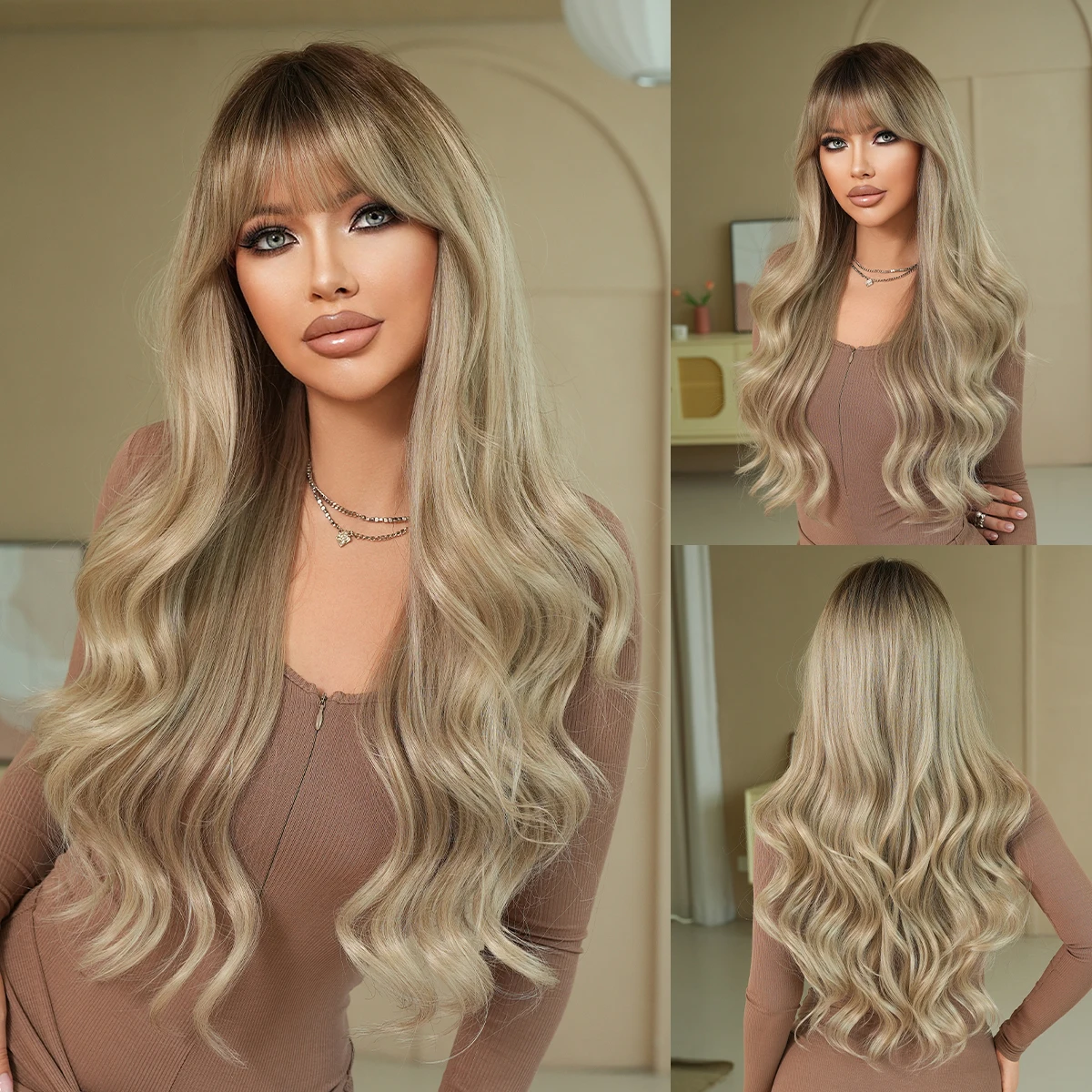 Long Gradient Silver Grey Wave Wig For Women Elegant Fluffy Curly Wigs With Dark Roots Synthetic Heat-Resistant For Daily Wear