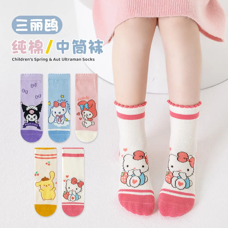 5 Pairs Sanrio Hello Kitty Kids Socks Kawaii Kuromi Fall Winter Cartoon Girl Children Mid-calf Socks Cotton Sock for 1-12 Years