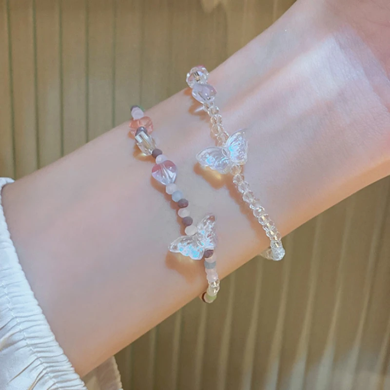 Fashion Crystal Butterfly Acrylic Strand Bracelets Women Girls Ins String Classmates Boudoir Korean Romantic Hand Jewelry Gift