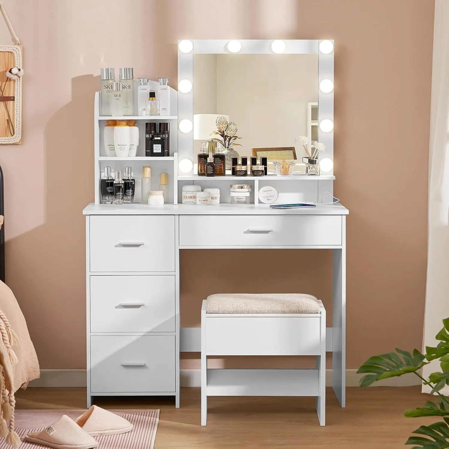 Makeup Vanity with 10 Light Bulbs and Charging Station, Vanity Desk with Lighted Mirror & 4 Drawers Chest, Vanity Set White