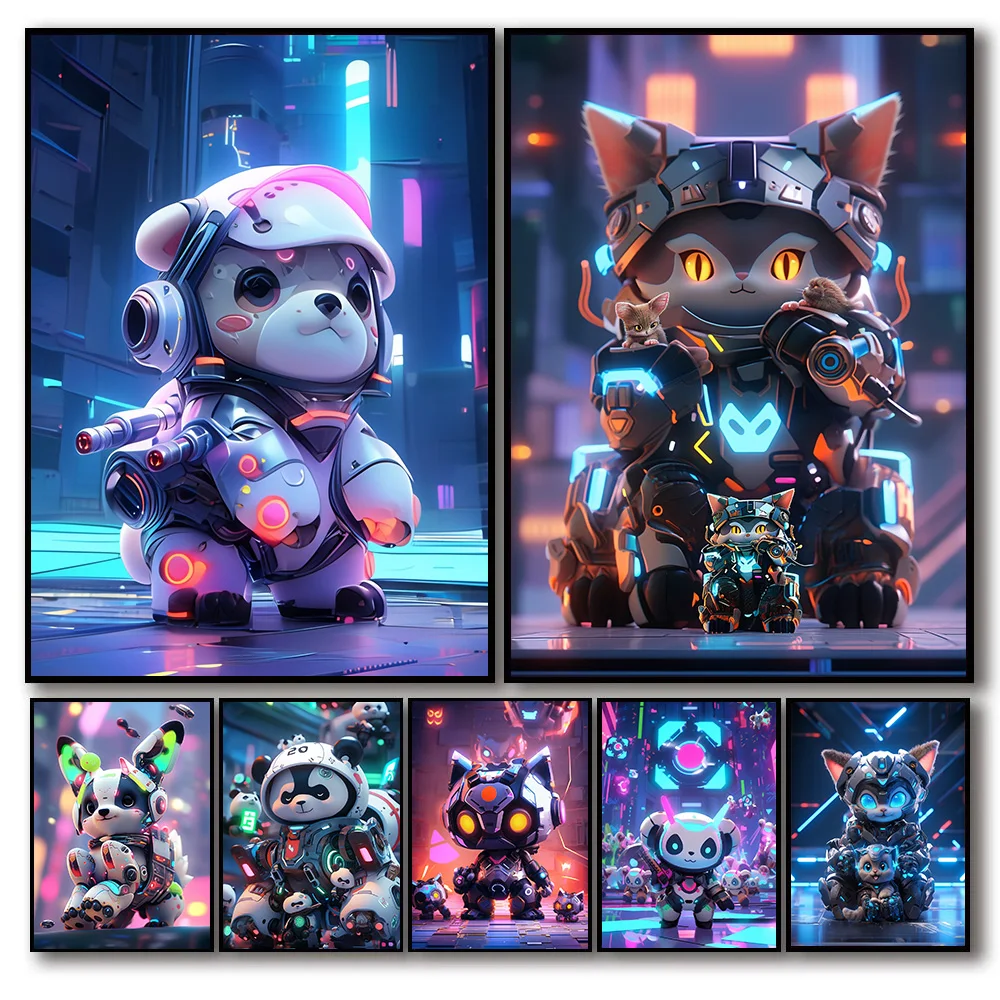 1Pcs Cartoon Wall Art Canvas Painting Game Room Interior Paintings Poster Cyberpunk Bar Robot Panda Rabbit Decoration Home Decor