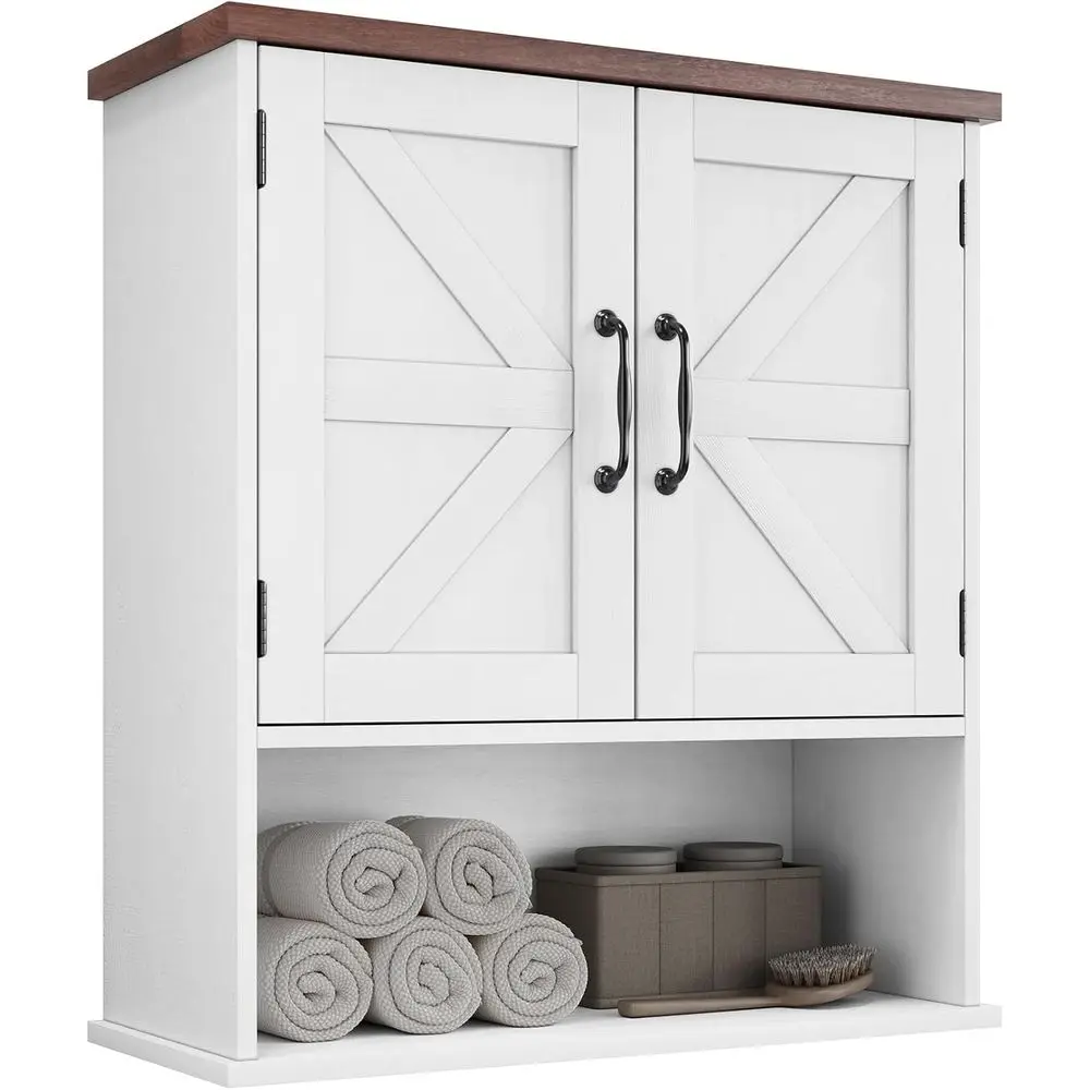 

White Wall-Mounted Bathroom Cabinet with Adjustable Shelves, Barn Door Style